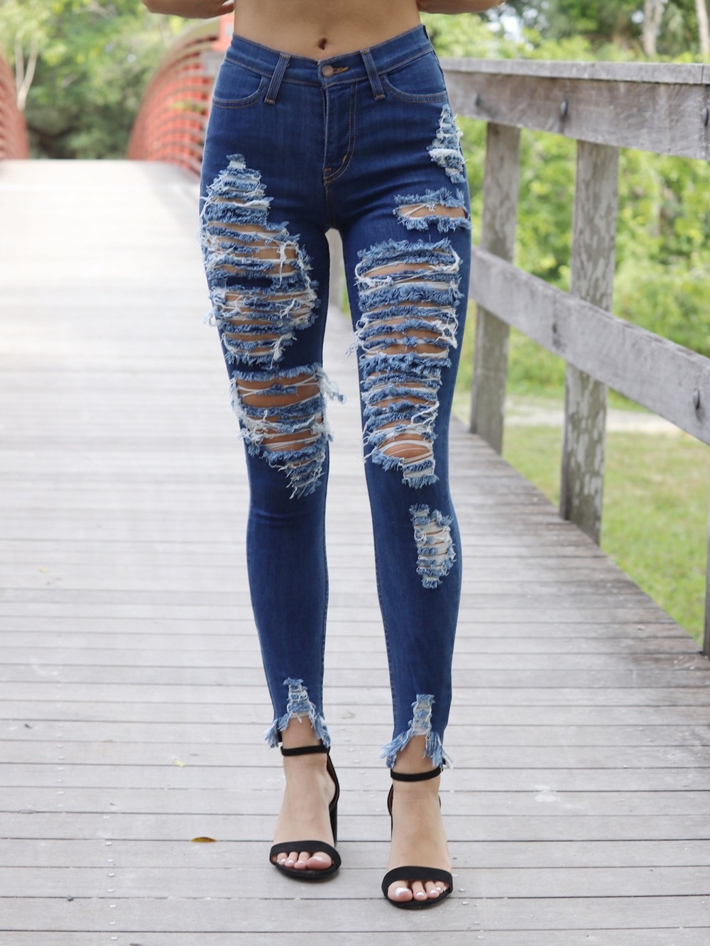 Vibrant Dark Blue Distressed High-Rise Skinny Jeans
